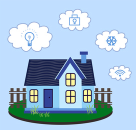 Illustration of smart home technology with automatic systems and icons on light blue background