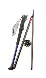 Trekking pole on white background, top view. Camping tourism