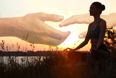 Double exposure of woman meditating and hands reaching each other outdoors at sunset. Yoga helping in daily life: harmony of mind, body, and soul