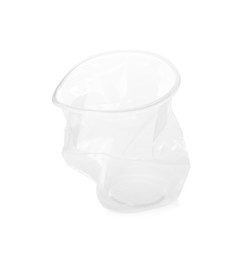 Crumpled disposable plastic cup isolated on white