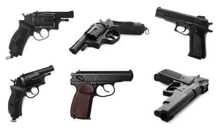 Image of Set with different handguns on white background