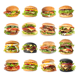Set of different delicious burgers on white background