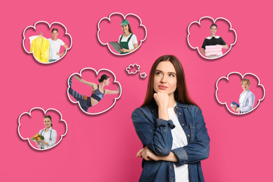 Thoughtful woman choosing probable profession on pink background
