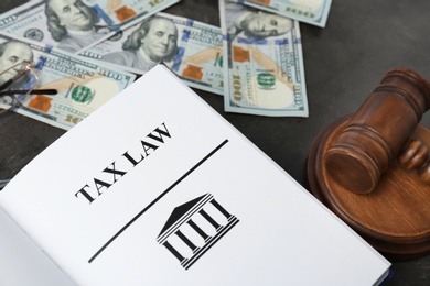Money, gavel and book with words TAX LAW on table, closeup