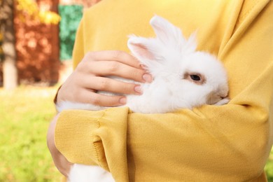 Photo of Woman with fluffy white rabbit outdoors, closeup. Cute pet