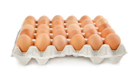 Raw chicken eggs in carton tray isolated on white