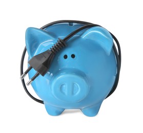 Piggy bank with power plug on white background. Energy saving concept