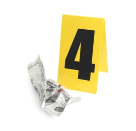 Bloody crumpled dollar and crime scene marker with number four isolated on white