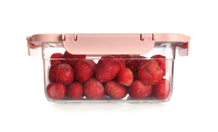 Photo of Box with ripe strawberries on white background