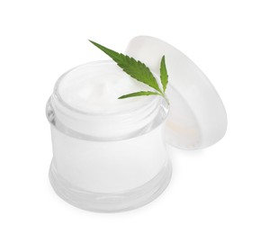 Jar with hemp cream and green leaf on white background. Natural cosmetics