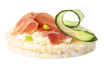 Puffed rice cake with prosciutto and cucumber isolated on white