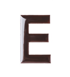 Photo of Letter E made of chocolate on white background
