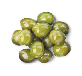 Many fresh green olives on white background, top view
