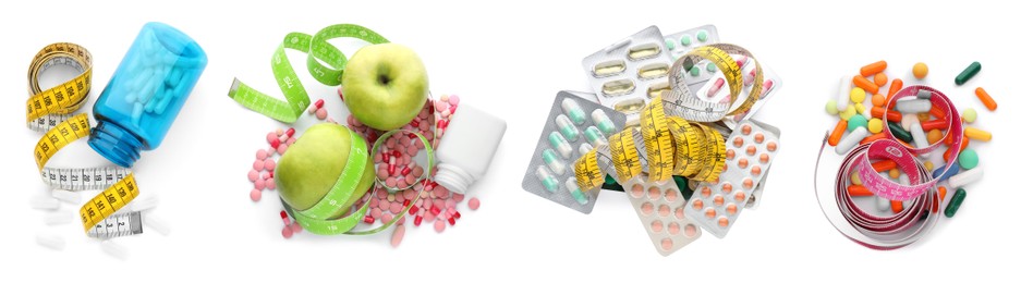 Set with weight loss pills, apples and measuring tapes on white background, top view. Banner design