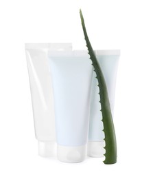 Tubes of hand cream and aloe on white background