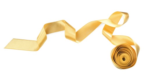 Golden satin ribbon on white background, top view