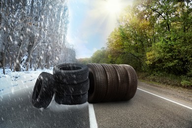 Set of new winter and summer tires on asphalt road, collage