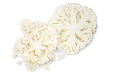 Cut fresh raw cauliflowers on white background, top view