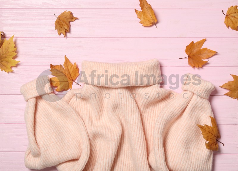Photo of Warm sweater and dry leaves on pink wooden background, flat lay. Autumn season