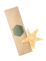 Scented sachet and starfish on white background, top view