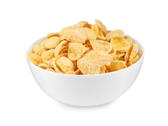 Bowl of sweet crispy corn flakes on white background. Breakfast cereal
