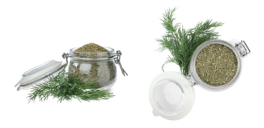 Jars with dry and fresh dill on white background. Banner design