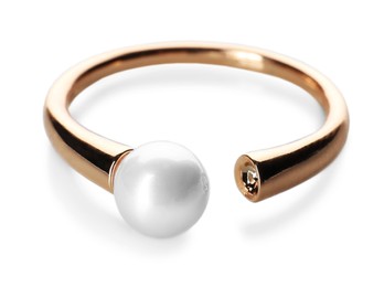 Photo of Elegant golden ring with pearl isolated on white