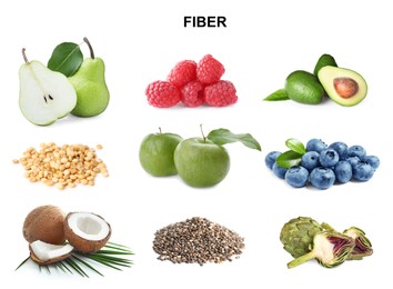 Image of Set with different products rich in fiber on white background