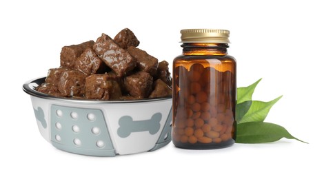 Wet pet food in feeding bowl and bottle with vitamin pills on white background
