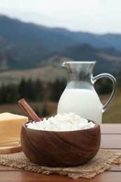 Tasty cottage cheese and other fresh dairy products on wooden table in mountains