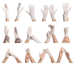 Right way to take off medical gloves. Collage with photos of woman showing process on white background, closeup