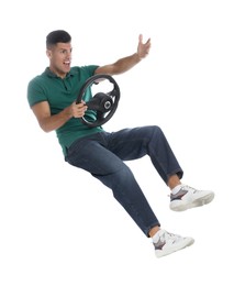 Photo of Angry man on stool with steering wheel against white background
