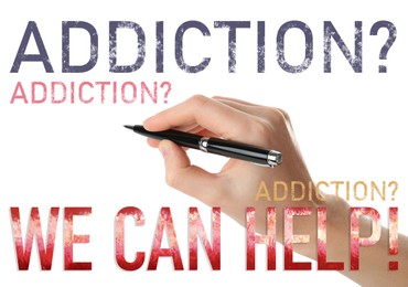 Alcohol addiction? - We can help you. Closeup view of woman with pen against white background