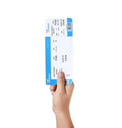 Woman holding ticket on white background, closeup. Travel agency concept