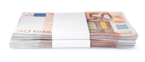 Stack of euro banknotes isolated on white. Money and finance