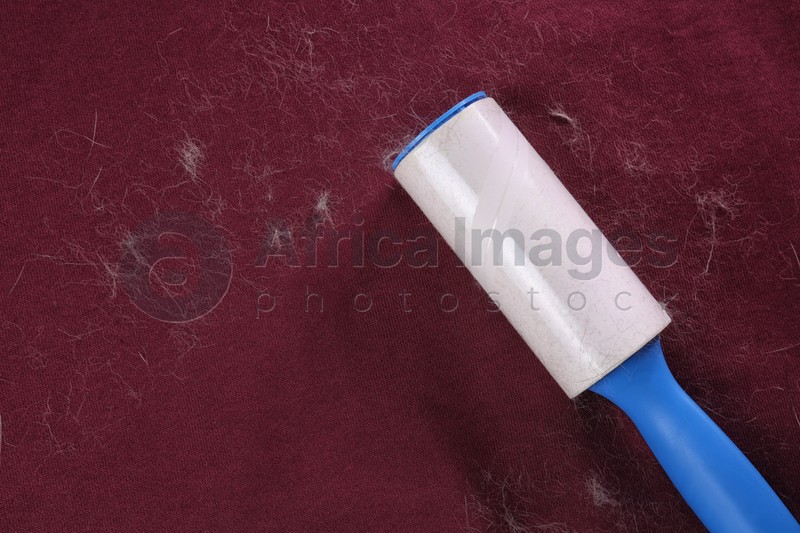 Photo of Lint roller on red fabric covered with hair, top view. Space for text