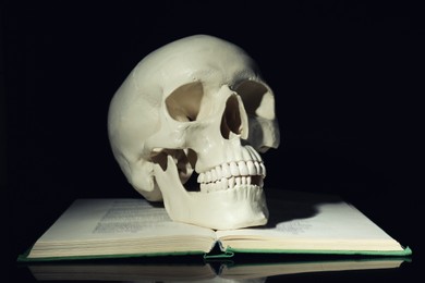 Photo of White human skull with book on black background