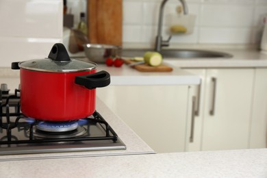 Red pot on modern kitchen stove with burning gas. Space for text