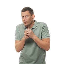 Mature man feeling fear on white background