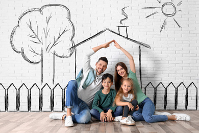 Happy family with kids dreaming about new house. Illustrations on brick wall