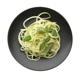 Delicious fresh zucchini pasta with basil on white background, top view