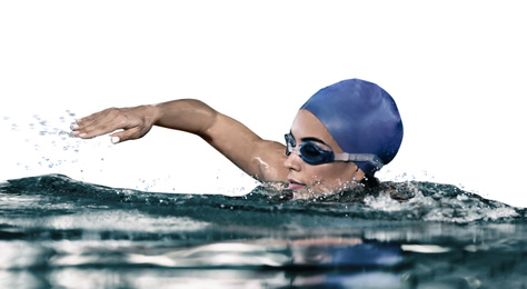 Young athletic woman swimming in pool against white background