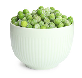 Frozen peas in bowl isolated on white. Vegetable preservation