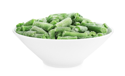 Frozen green beans in bowl isolated on white. Vegetable preservation