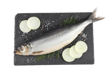 Photo of Slate plate with salted herring, onion, dill and spices isolated on white, top view