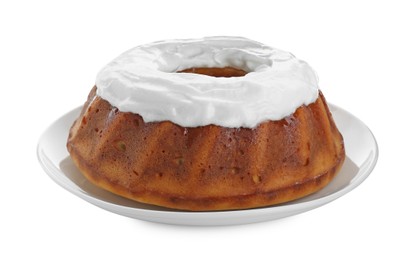 Photo of Homemade yogurt cake with cream on white background