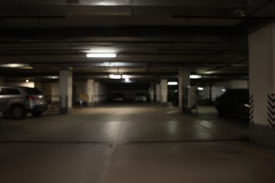 Blurred view of car parking garage at night