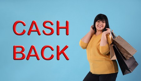 Image of Beautiful mature woman with shopping bags and words Cash Back on turquoise background