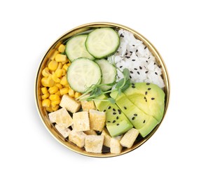 Photo of Delicious poke bowl with vegetables, tofu, avocado and microgreens isolated on white, top view