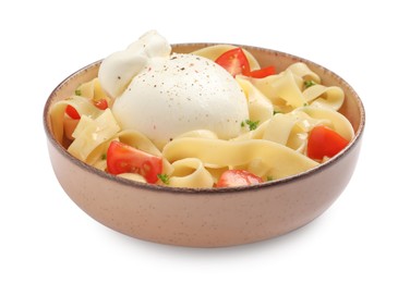 Bowl of delicious pasta with burrata and tomatoes isolated on white